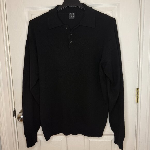 Vintage TSE Cashmere Sweater Black 3 Button Polo Size Large - Picture 1 of 6